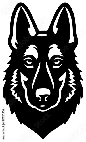 Black silhouette of a german shepherd dog head with pointed ears on white background