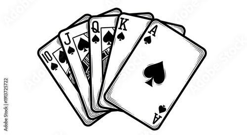 Poker Royal flush winning combination of cards sketch engraving vector illustration.