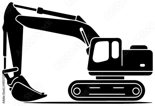 Black silhouette icon of heavy duty excavator digging machine on white background for construction and industry use