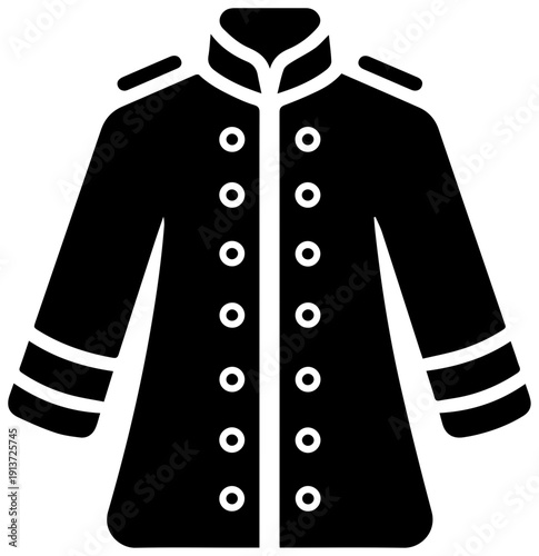 Black filled icon of a heavy firefighter turnout coat with white buttons and stripes