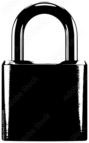 Black closed padlock icon with shiny surface and curved arm on white background for security and protection concepts