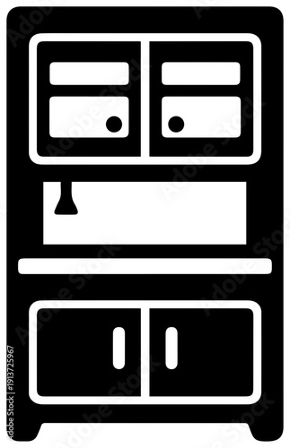 Black icon of laboratory fume hood cabinet with white outline and details on white background