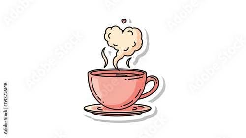 A pink mug of hot espresso coffee and a cup of breakfast tea with a saucer are isolated on a background for a cafe beverage break