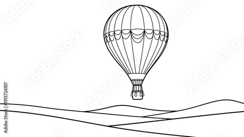 Detailed Vintage Hot Air Balloon Over Rolling Hills for Peaceful Journey. transparent.