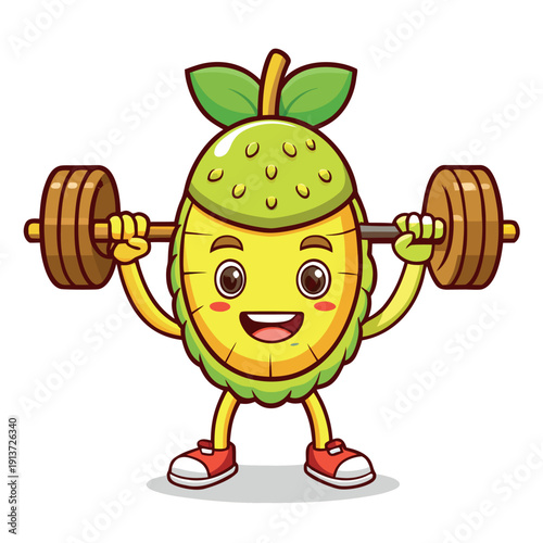 Cartoon jackfruit character lifting weights