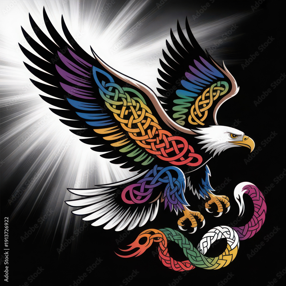 Fototapeta premium Colorful Celtic Knot Illustration of a Majestic Eagle Catching a Snake with Vibrant Rainbow Patterns