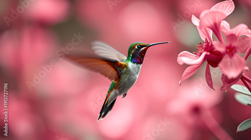 Stunning Close Up of a Hummingbird Hovering Near Vibrant Pink Tropical Flowers