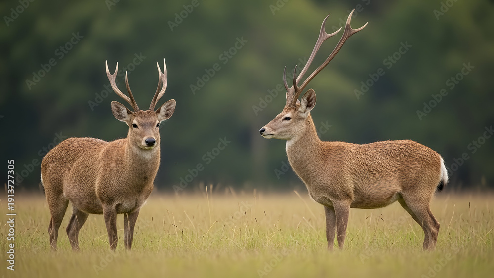 Fototapeta premium Two majestic deer with impressive antlers standing in a grassy field.