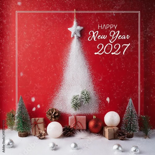 Happy New Year 2027 Festive Background with White Handwriting and Ornaments