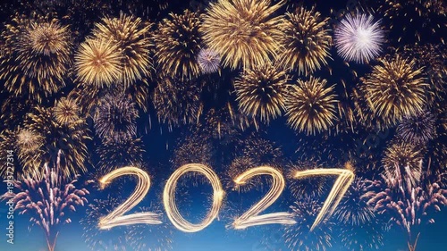 Dazzling golden light show in the dark sky, perfect for New Year 2027 celebration.