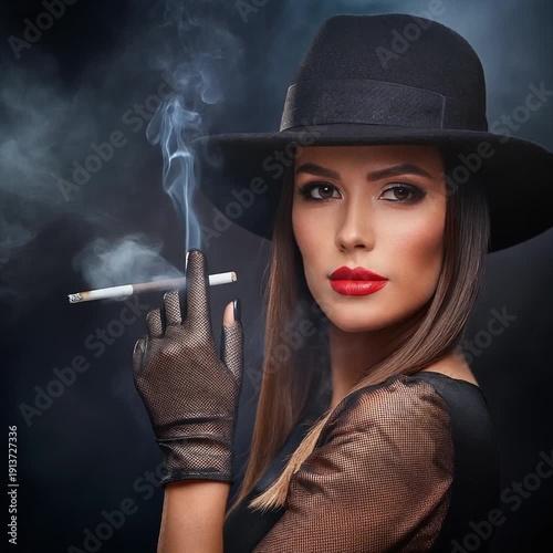 Elegant Woman in Black Hat and Gloves with Mystery Smoke Portrait