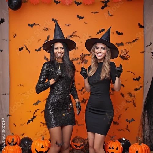 Beautiful girls in dark Halloween outfits and gloves enjoying a fun holiday party atmosphere