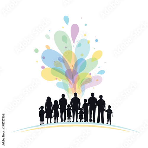 Silhouette of a diverse family with children standing together under a vibrant, colorful explosion of shapes and dots on a white background with a joyful mood.