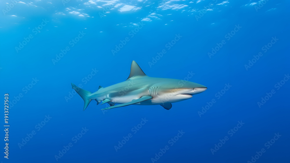 Naklejka premium A majestic hammerhead shark swimming in the deep blue ocean waters.