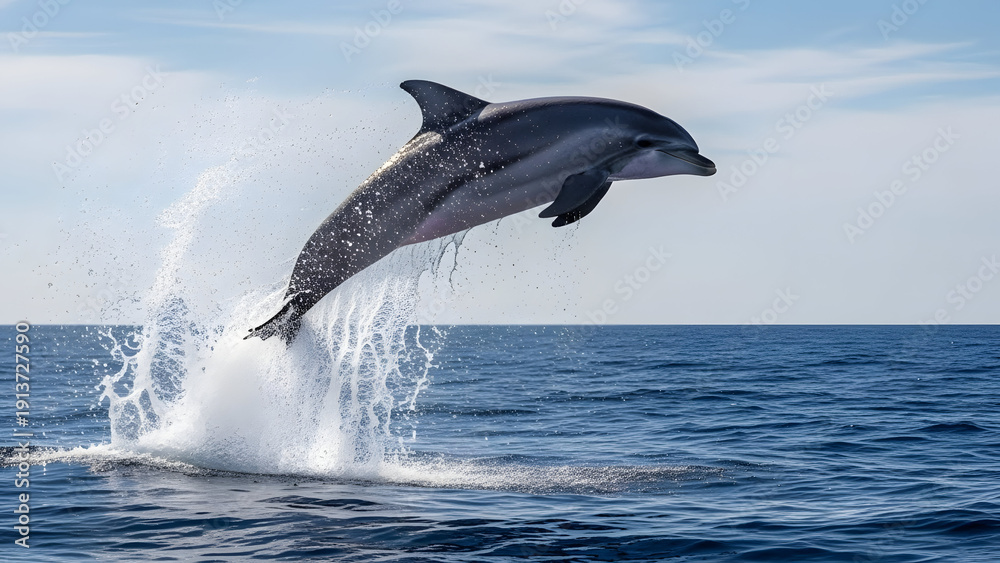Naklejka premium A pair of dolphins leaping out of the ocean with a splash of water
