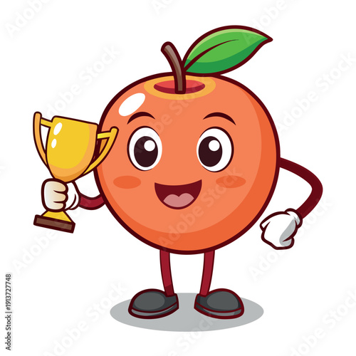 Cartoon nectarine character holding a trophy
