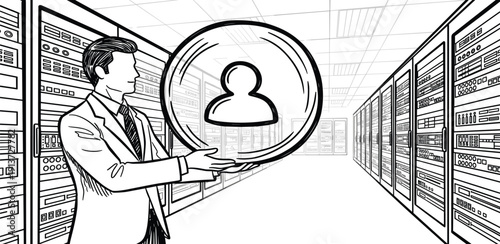 Man in lab coat holding large magnifying glass with user icon in a server room with rows of data storage