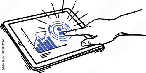 Hand interacting with tablet displaying graph and data visualization