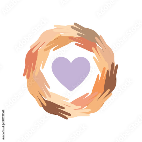 Illustration of diverse hands forming a circle around a purple heart on a white background with warm tones.