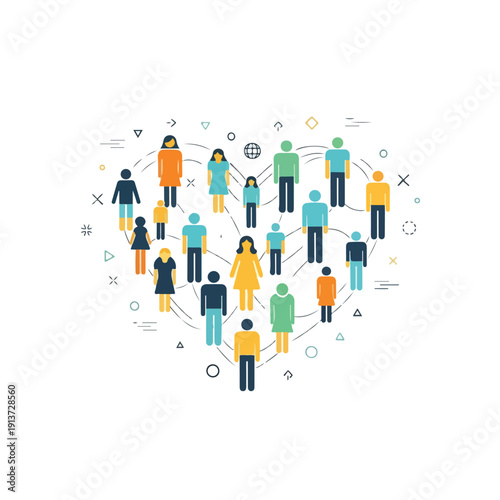 Illustration of diverse people connected by lines and symbols on a white background with a network concept.