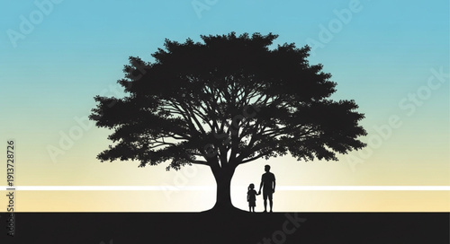 Father and son silhouette under a large tree.