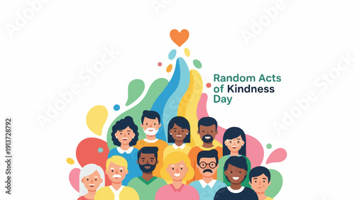Illustration of diverse people celebrating Random Acts of Kindness Day with colorful abstract shapes and a heart
