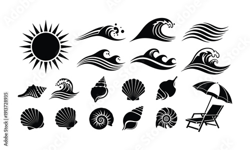 Beach icons and symbols in black and white