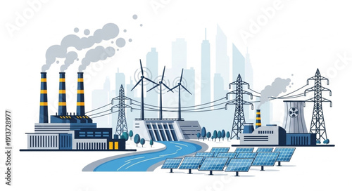 Diverse Energy Sources Powering a Modern Cityscape.