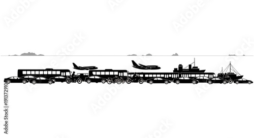 Diverse transportation methods including airplanes buses cars and ships.