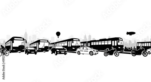 Diverse transportation vehicles lined up in a city silhouette.