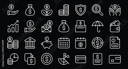 Finance thin line icon set. Saving, increasing and spending finances. Payments elements, budget, loan, bank, deposit, money, profit, piggy bank - stock vector.