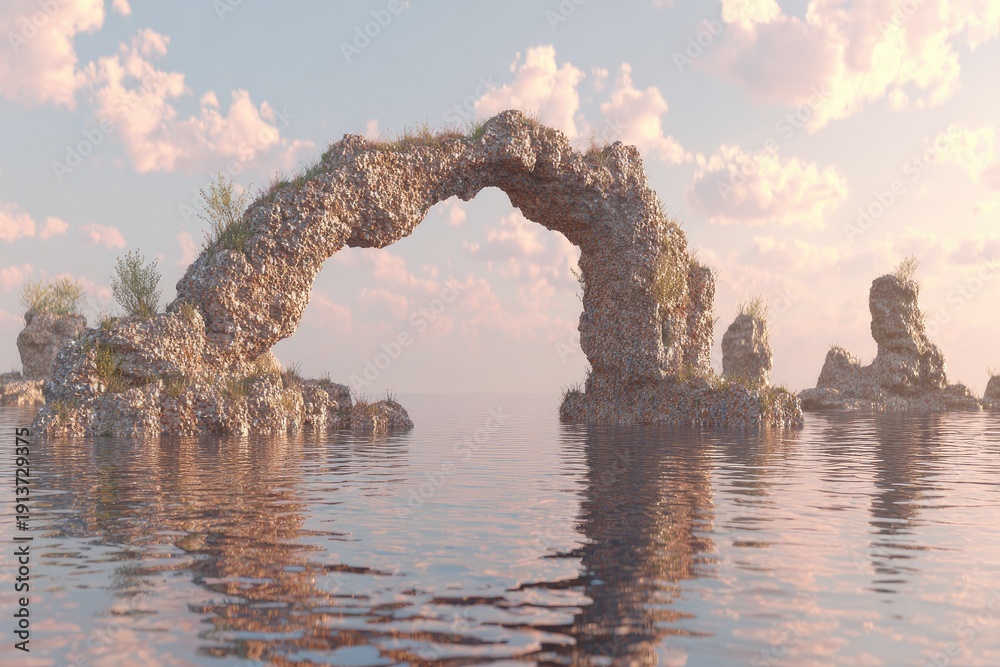 Fototapeta premium Stone archway over calm water, sunrise/sunset