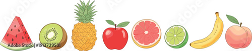 Colorful fresh fruit collection illustration featuring watermelon kiwi pineapple apple citrus banana and peach isolated vector set