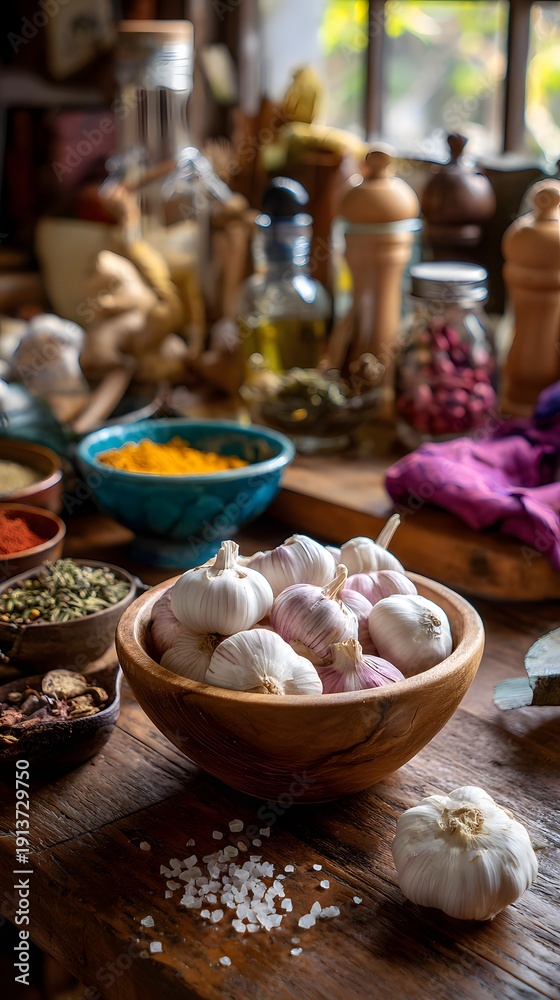 Fototapeta premium Garlic bulbs in wooden bowl with spices