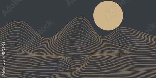 Vector abstract art landscape mountain with birds and sunrise with gold line art texture isolated on dark gray black background. eps10