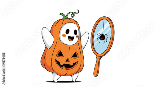 Cute child in a jack-o-lantern pumpkin costume looking at a reflection of a spider in a handheld mirror during Halloween.