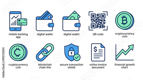 Financial technology icons set Mobile banking, digital wallet, QR code, crypto, blockchain, secure transaction, invoice, and growth chart