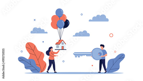 Real estate concept showing a man carrying a giant key while a woman holds a house floating on colorful balloons for home ownership.