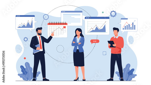 Corporate business team analyzing project timelines and performance metrics using calendars and data visualizations in a modern workspace.