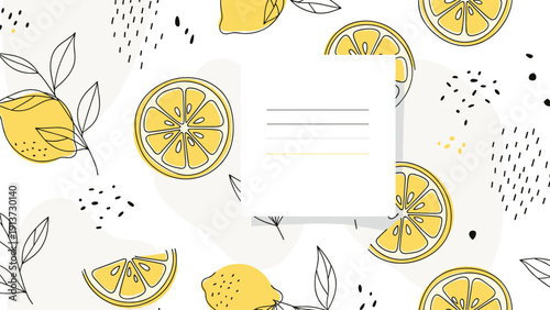 Bright yellow lemon pattern background with whole fruit and slices features artistic line drawings and a central white text space.
