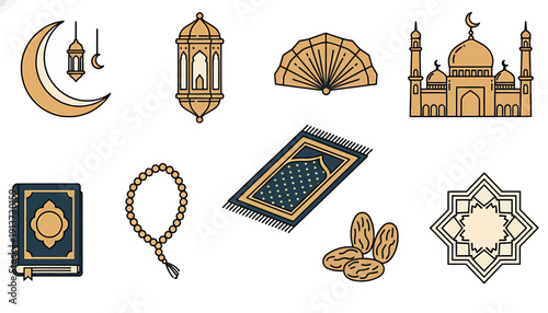 Diverse Collection of Islamic and Ramadan Symbols Crescent Moon, Mosque, Quran, and Prayer Essentials Vector Art
