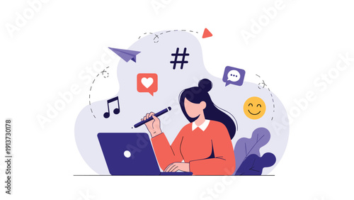 Creative woman working on her laptop is surrounded by vibrant social media icons signifying content creation, digital marketing, and networking.
