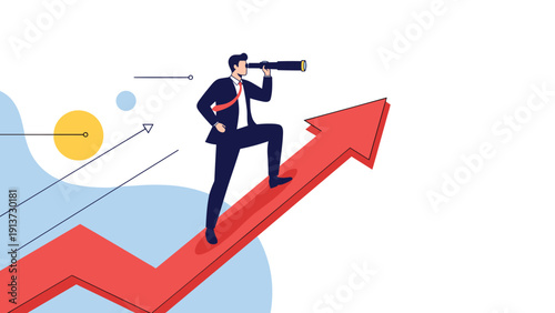 Ambitious businessman standing on a rising growth arrow uses a telescope to scout for future opportunities and long-term corporate success.