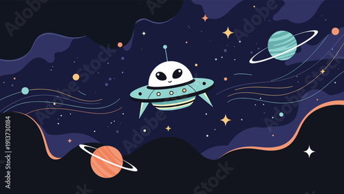 Cute little alien pilots a flying saucer through a colorful galaxy filled with distant planets, twinkling stars, and cosmic dust clouds.