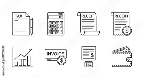 Vector line icons for essential business finance, tax, and accounting management processes