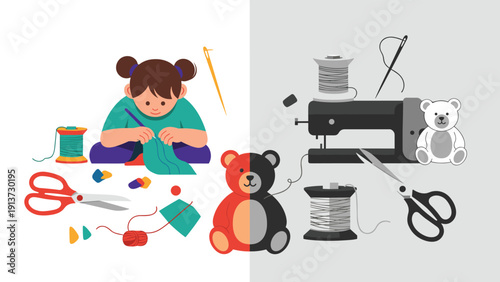 Little girl enjoys sewing by hand while surrounded by various tailoring tools like scissors, thread, and a classic sewing machine model.