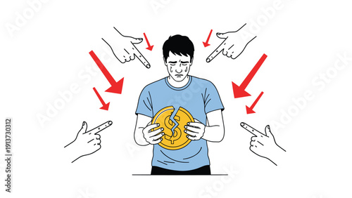 Emotional man crying while holding a broken gold coin as several hands point at him, symbolizing financial loss and social pressure.