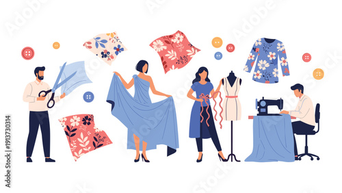 Group of talented fashion designers and tailors working together in a studio to cut fabric, drape dresses, and sew stylish garments.