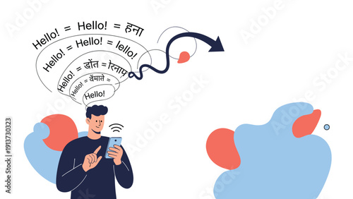 Young man using a translation application on his smartphone to communicate hello in many different languages around the world.