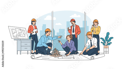 Team of dedicated architects and engineers wearing hard hats while discussing blueprints and a miniature building model in an office.